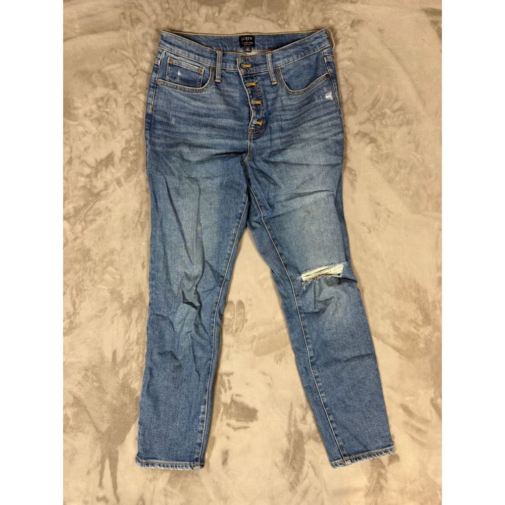 J.Crew 10 High-Rise Skinny Jeans 29 Medium Wash Button Fly Distressed Knee